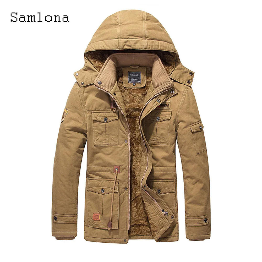 

2024 Single-Breasted Tops Outerwear Plus Size Mens Fashion Hooded Jackets Winter Plush Coats Men's Stand Pocket Long Overcoats