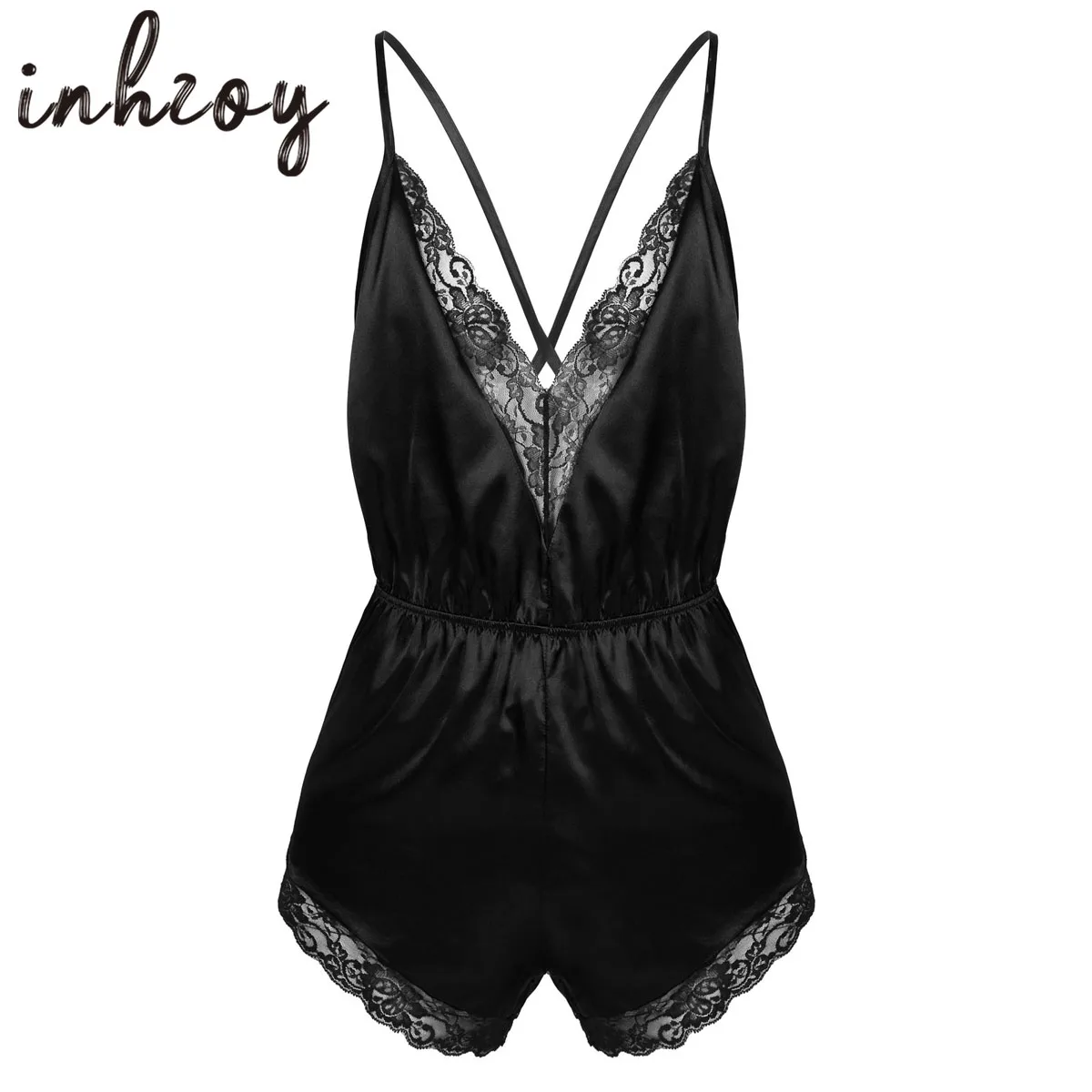 Men Lingerie Bodysuits Jumpsuits Sexy Lace Trim V-neck Cross Criss Back Pajamas Sleepwear Nightwear