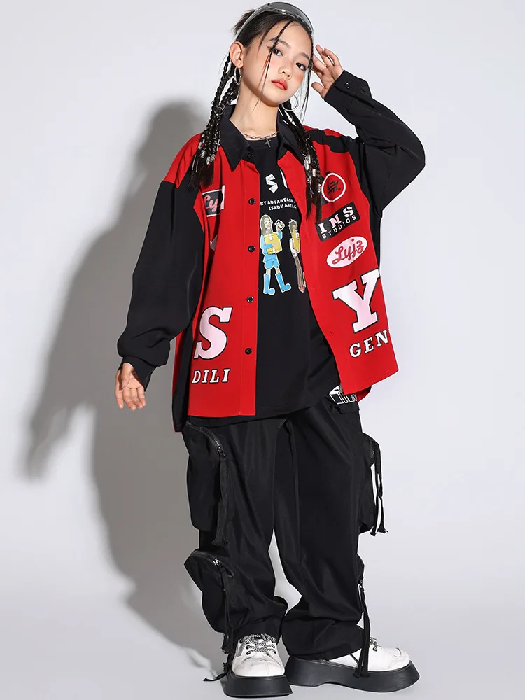 

Girls Boys Hip Hop Clothing Kids Motorcycle Red Jacket Street Dance Cagro Pants Children Jazz Costumes Teenage Clothes Sets