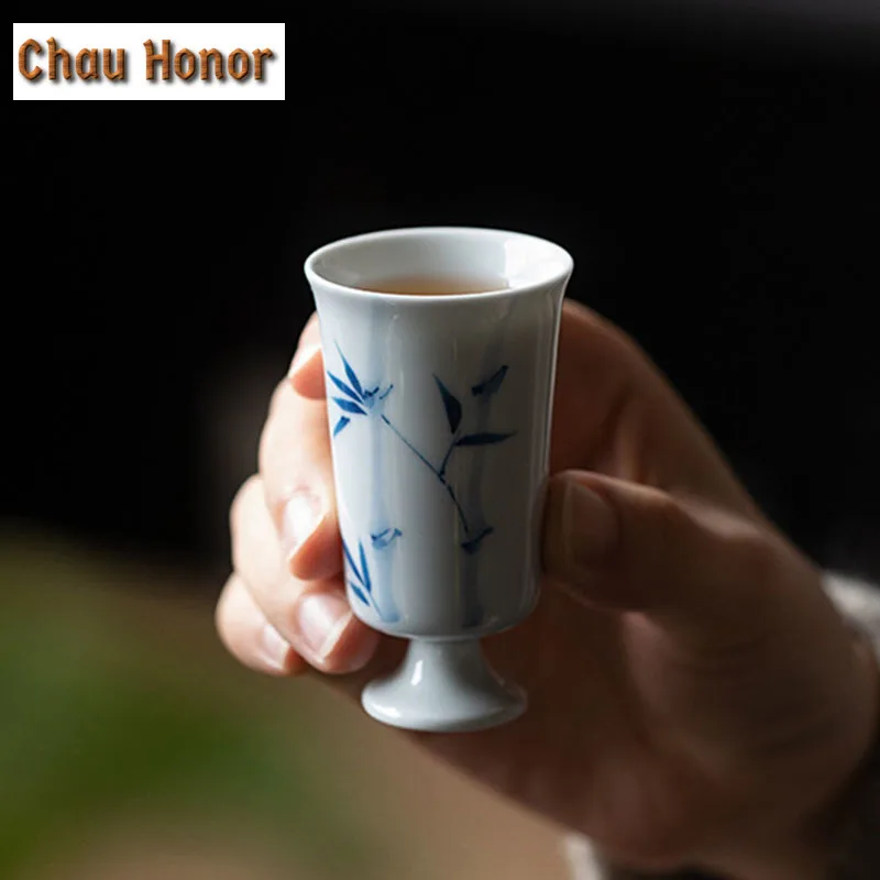 2pc/Set 40ml Pure Handpainted Green Bamboo High Foot Tea Cup Household White Porcelain Thin Tire Master Cup Single Cup Drinkware