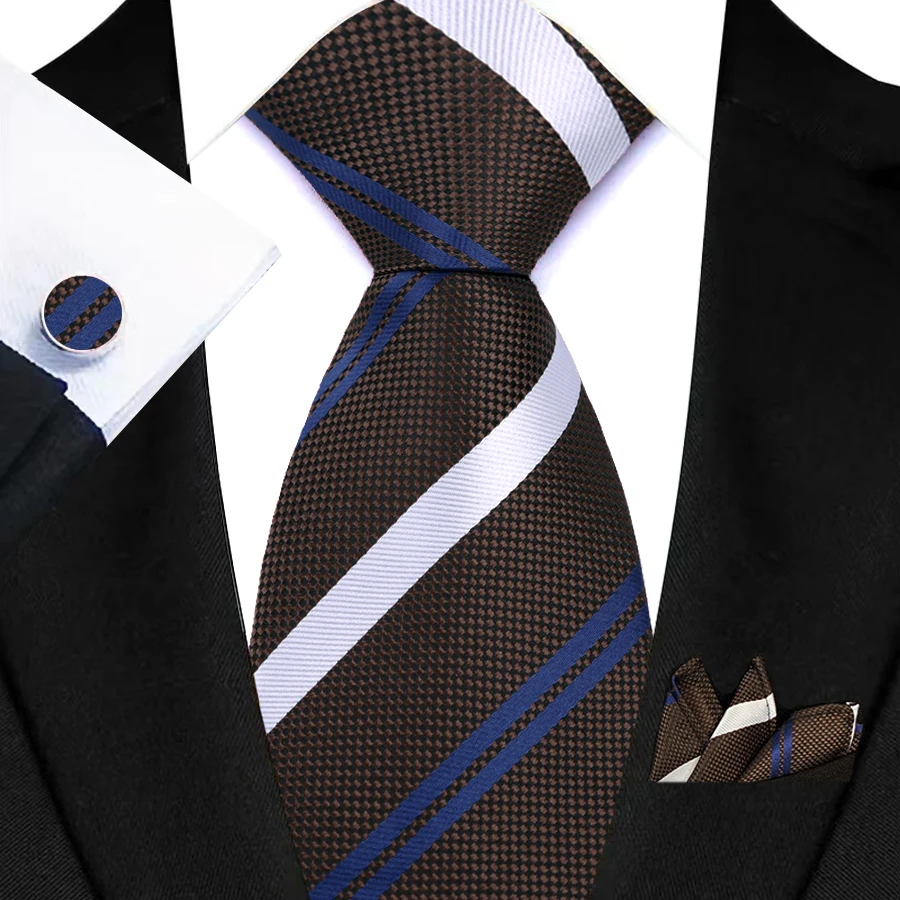 Herren Krawatten Taschentuch Manschettenknöpfe Set Smoking Zubehör Luxus Braun Streifen Dot Floral Krawatten Für Party Abendessen Hochzeit – Detail 9