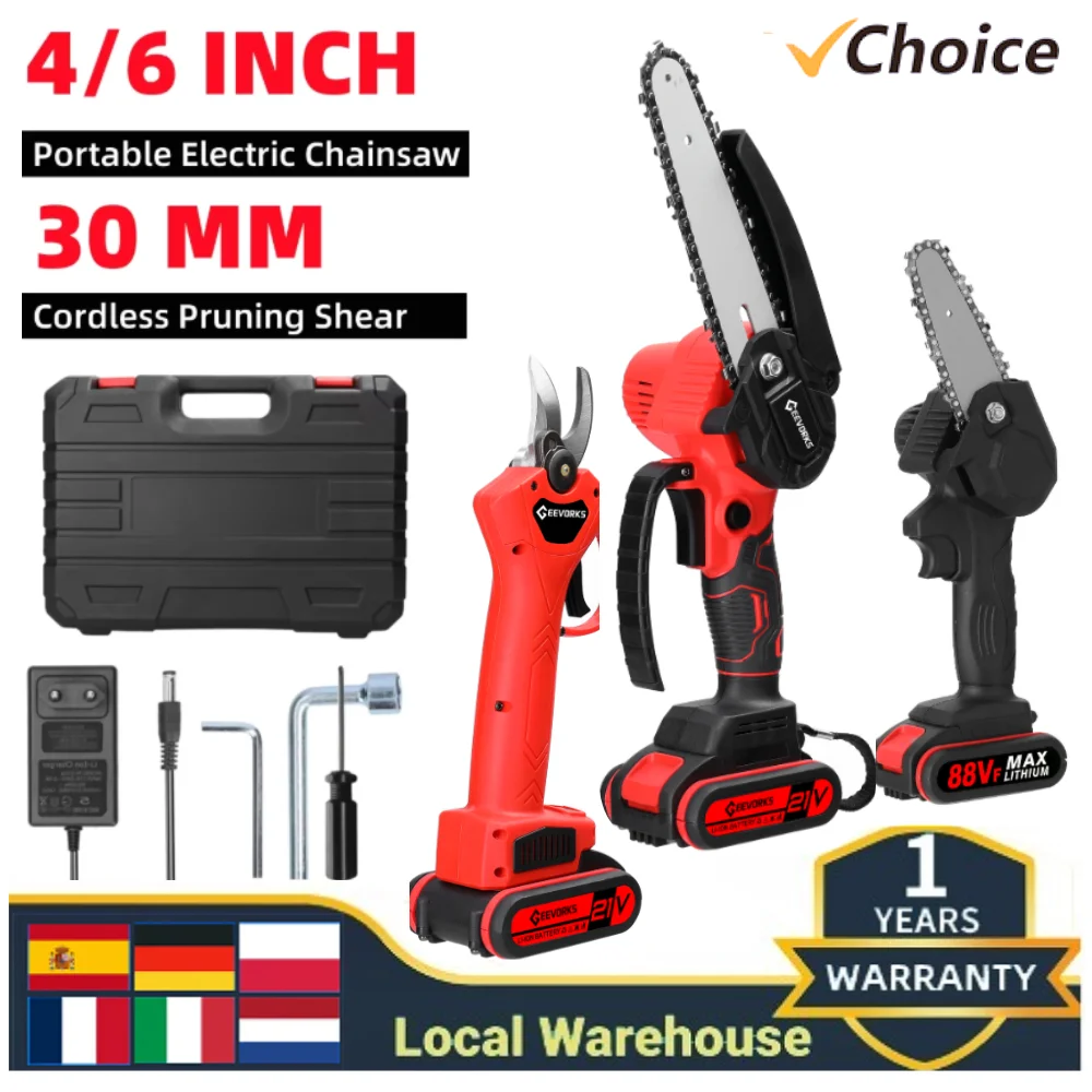 21V 4/6inch Portable Electric Chainsaw 25mm Cordless Pruning Shear Set Wood Cutting Machine Handheld Woodworking Tool for Garden