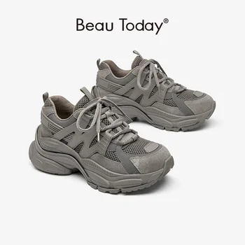 BeauToday 여성용 메쉬 플랫폼 스니커즈, 통기성 트레이너, 레이스업 라운드 토, 두꺼운 밑창, 수제 29462