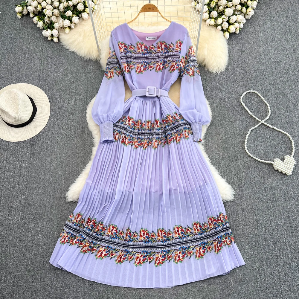

New Autumn Bohemian Women Printed Pleated Long Dress Elegant Vacation Beach Maxi Vestidos Female Lantern Sleeve Draped Robe