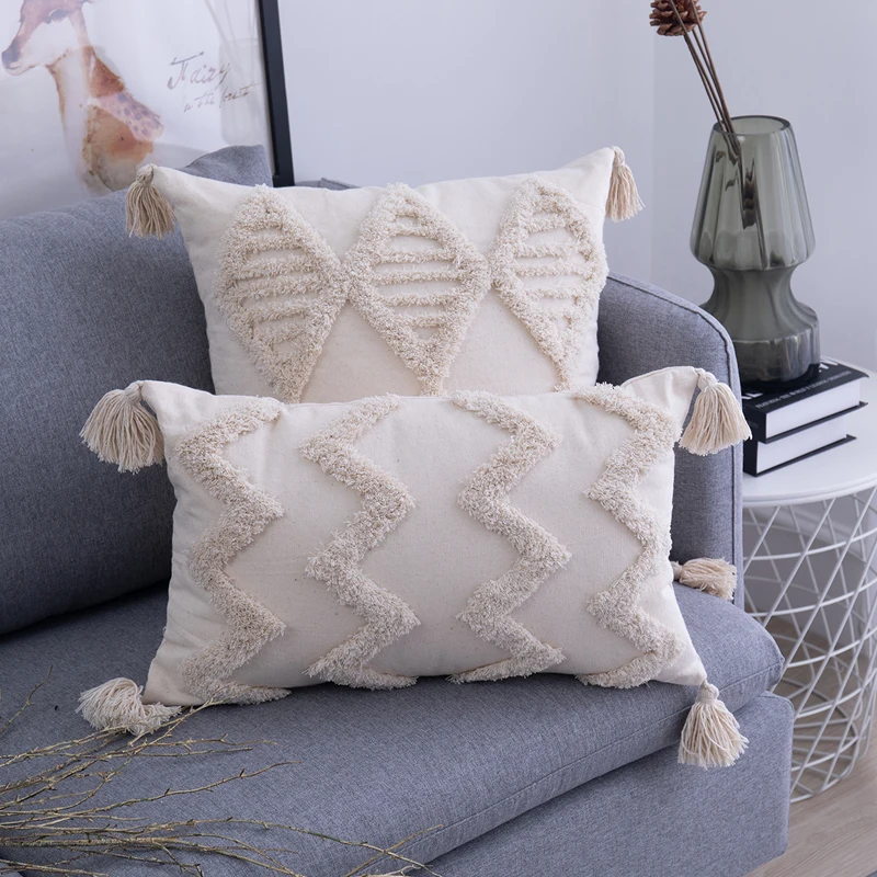 Simple Tufted Cushion Cover Geometric Rhombus Wave Big Tassel Pillowcase Hand-tufted and Crocheted Decorative Sofa Pillow Cover