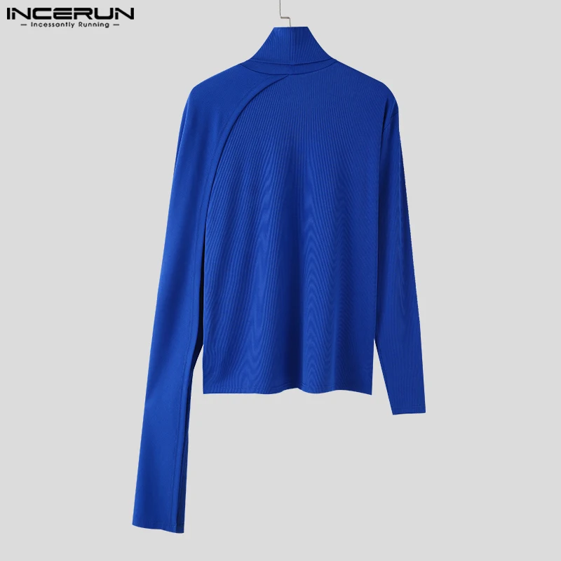 INCERUN Tops 2023 American Style Handsome Men Knitted Pit Stripe High Neck Pullover Casual Solid All-match Elastic Sweater S-5XL
