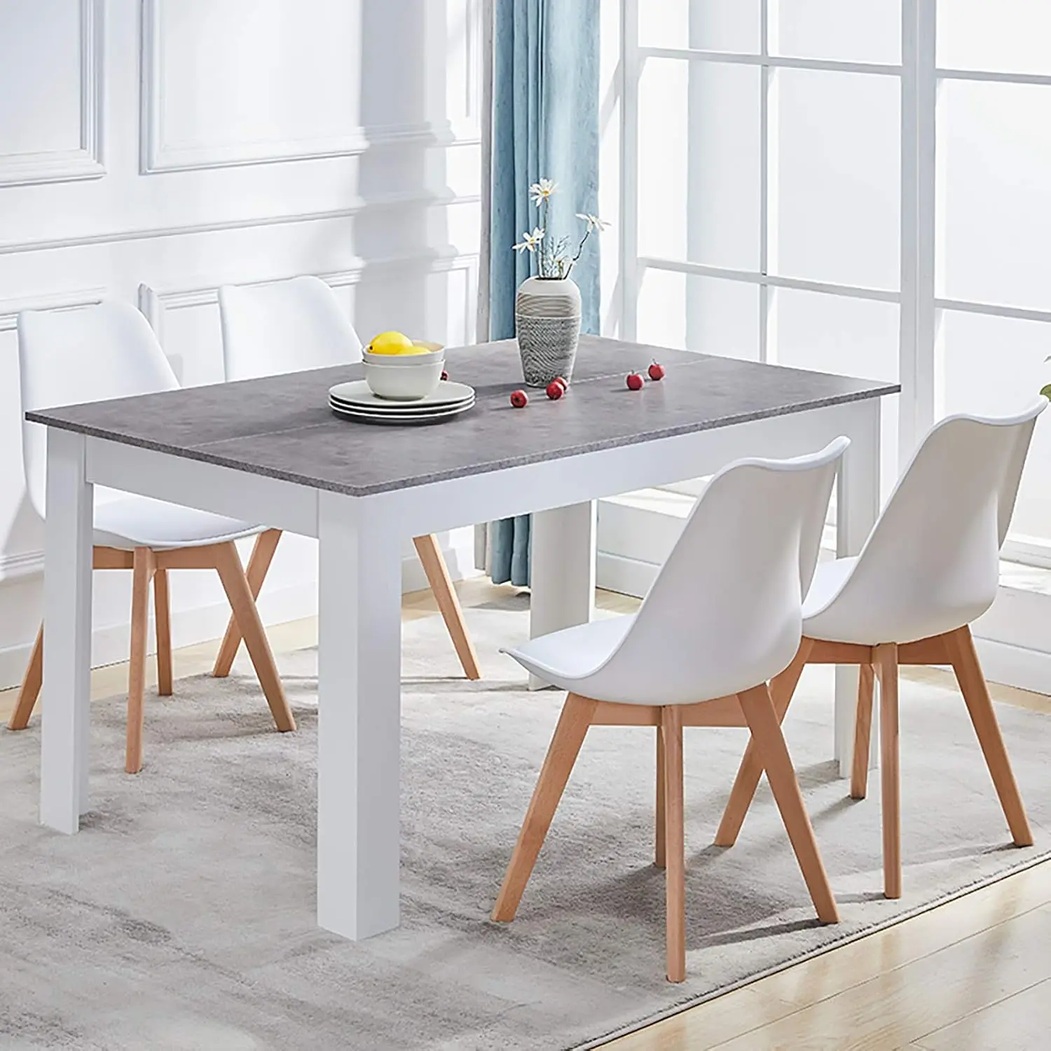 Grey White Dining Chairs Set of 2/4/6, Upholstered Kitchen Chair with Comfortable PU Seat and Beech Legs, Retro Lounge Corner Chair for Living Room