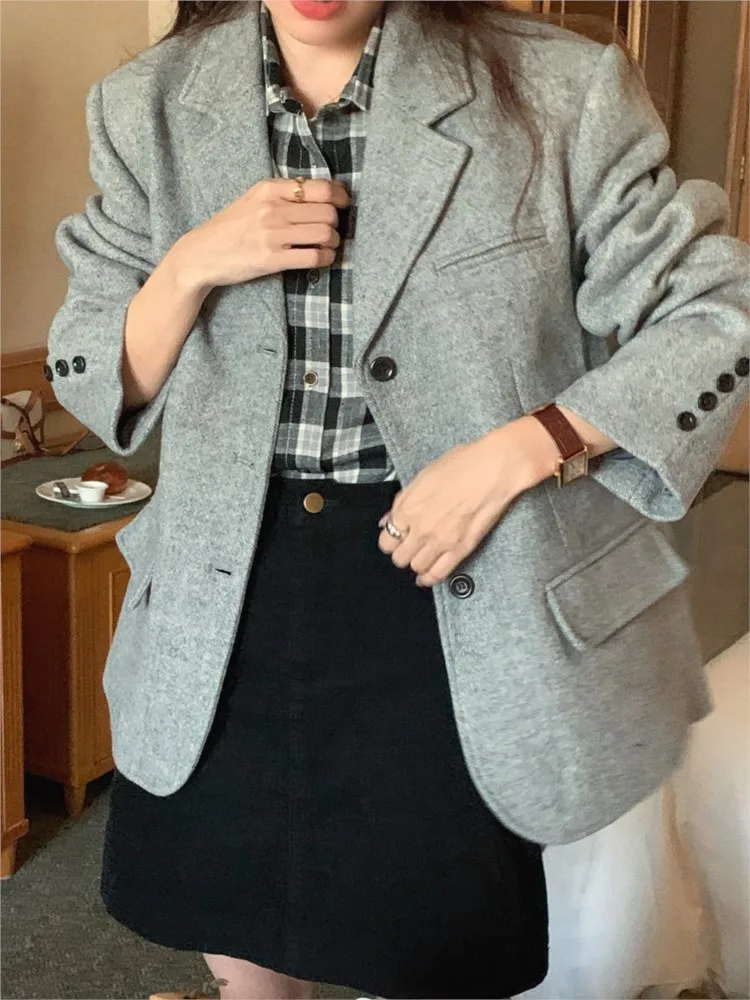 

Vintage Blazer Jacket Women Fashion Chic Office Lady Notched Collar Suits Coat Autumn Winer 2023 Elegant Straight Blazer Coats