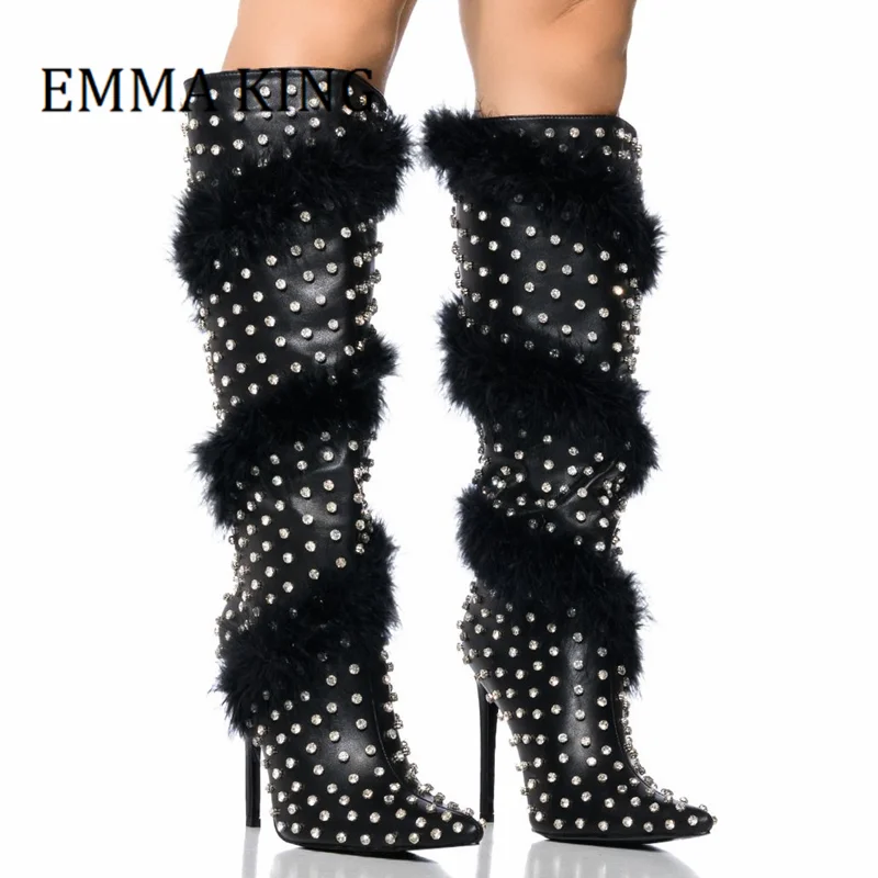 

Women Rhinestone Knee High Bootie Sexy Pointed Toe Fur Decor Stiletto Heel Boots Ladies Bling Party Dress Shoes Botas De Mujer