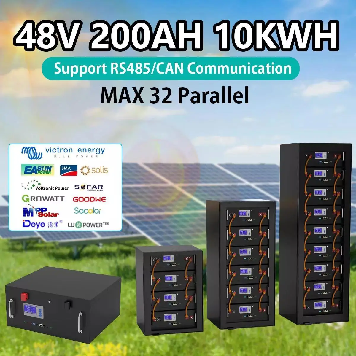 

LiFePO4 Battery 48V 200AH 10KW 51.2V 100AH Lithium Solar Battery 6000+ Cycle With RS485 CAN Bus Max 32 Parallel For Home storage