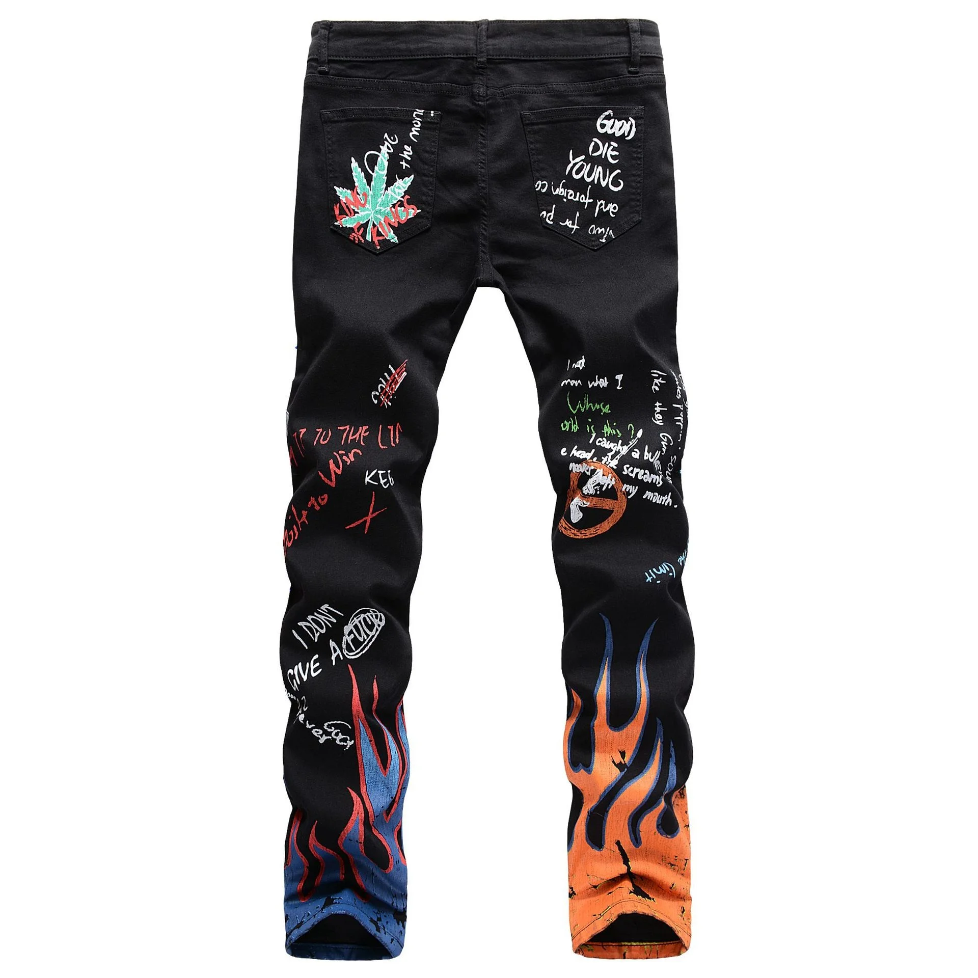 High Elastic Slim Fit 3D Color Printing Black White Pants Skeleton Graffiti Street Chaopai Men's Jeans 3