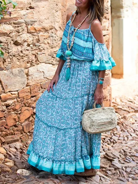 

Женское платье с оборками на рукавах, синее пляжное платье с цветочным принтом, свободное Повседневное платье-макси красного цвета в стиле бохо на лето