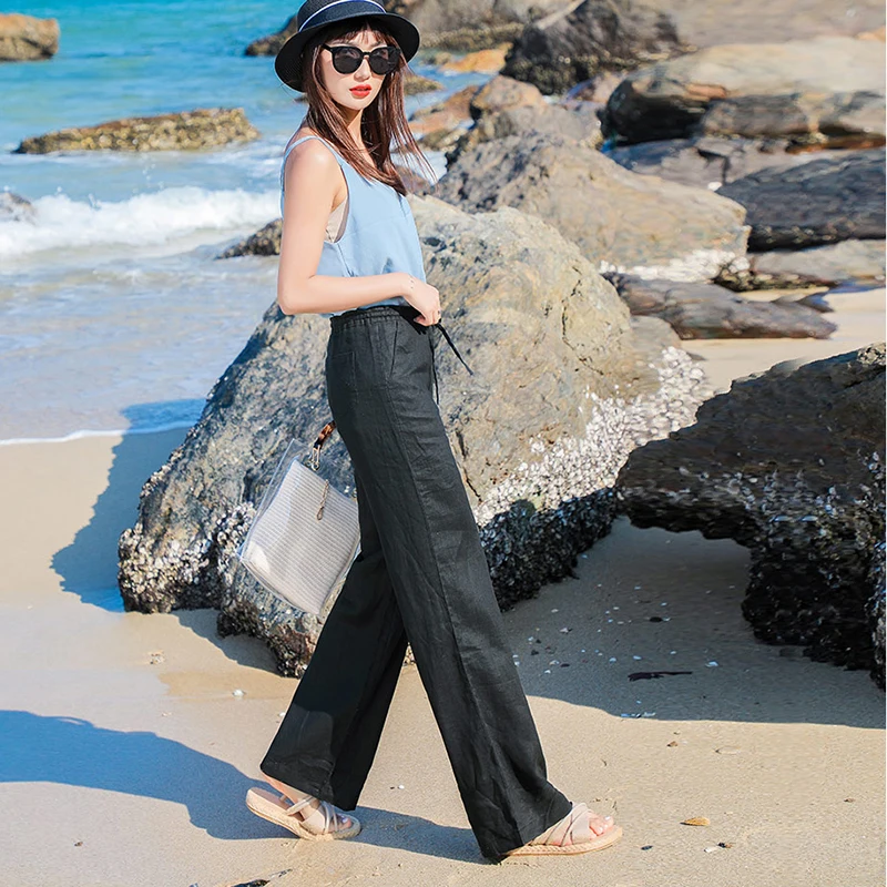 Casual Cotton Linen Wide Leg Beach Pants Boho Loose Pantalones Vintage High Waist Sweatpants Solid Straight Baggy Trousers Women