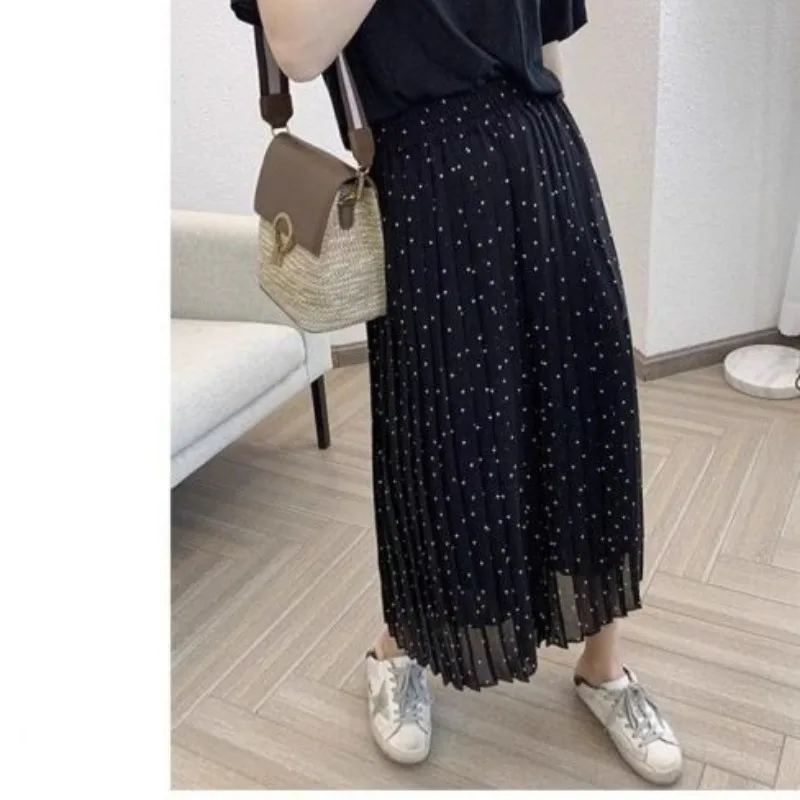 

Spring Summer Women's Solid Gauze Polka Dot Printing Elastic High Waisted Wide Leg Casual Loose Sports Trousers Vacation Pants