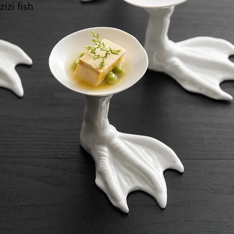Creative High Foot Ceramic Goose Feet Dim Sum Plate Restaurant Dessert Sushi Molecular Cuisine Tableware
