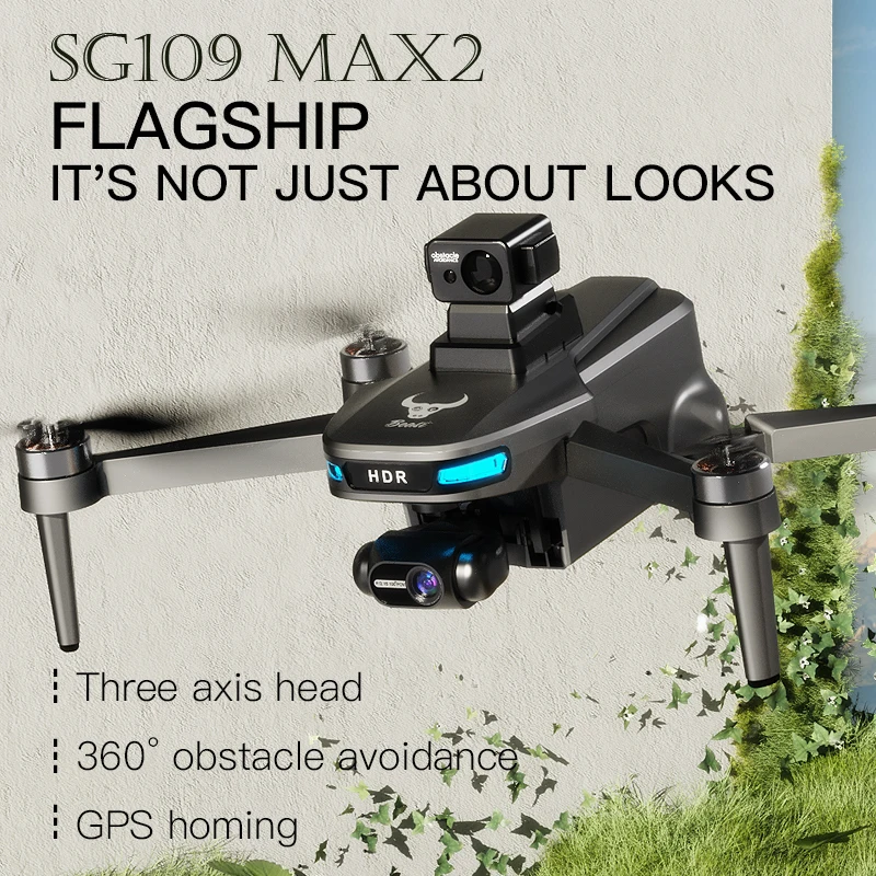 Drone professionnel SG109 MAX2 en vol stationnaire, capteur d'évitement d'obstacles visible sous le châssis, fond de ciel bleu