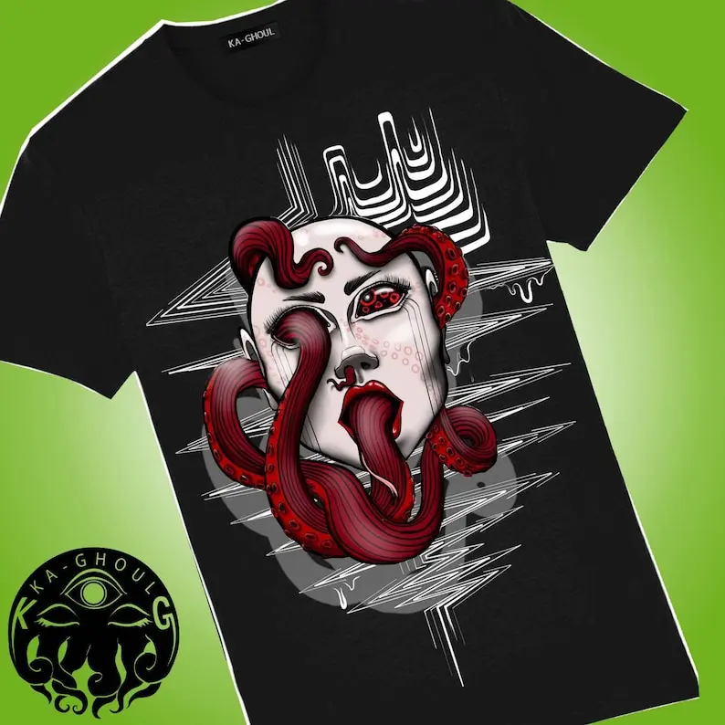 Tentacle girl squidbait red Glitch top tee gothic style punk fashion