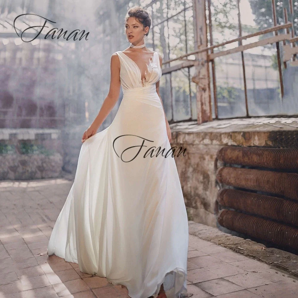 

Charming A-Line Organza Wedding Dresses Sweep Train V-Neck Applique Pleated Gowns For Women vestido de novias 2022