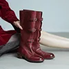 British Style Retro Thick Heeled Long Boots Women Washed Genuine Leather Belt Buckle Knee-High Motorcycle High Top Knight Boots