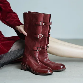 British Style Retro Thick Heeled Long Boots Women Washed Genuine Leather Belt Buckle Knee-High Motorcycle High Top Knight Boots