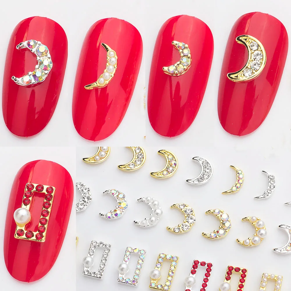

10PCS Nail Art Rhinestone Crystal Pearl Stud Charm Moon Rectangle for Nail Art Decoration Jewelry Bead Nail Salon Hand Craft DIY