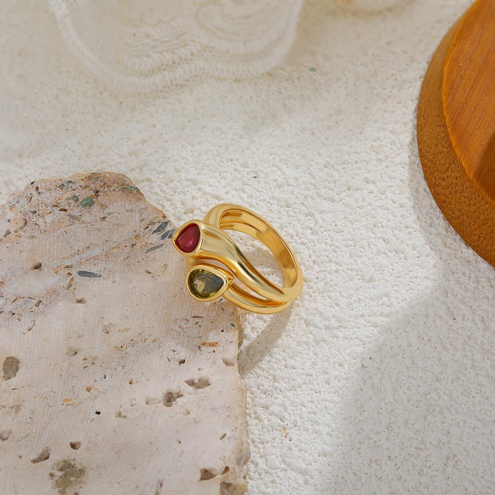 Delicate Mini Water Droplet Crystal Double Circle Rings for Women Green Zircon 18K Gold Plated Bride Wedding Ring Chic Jewellery