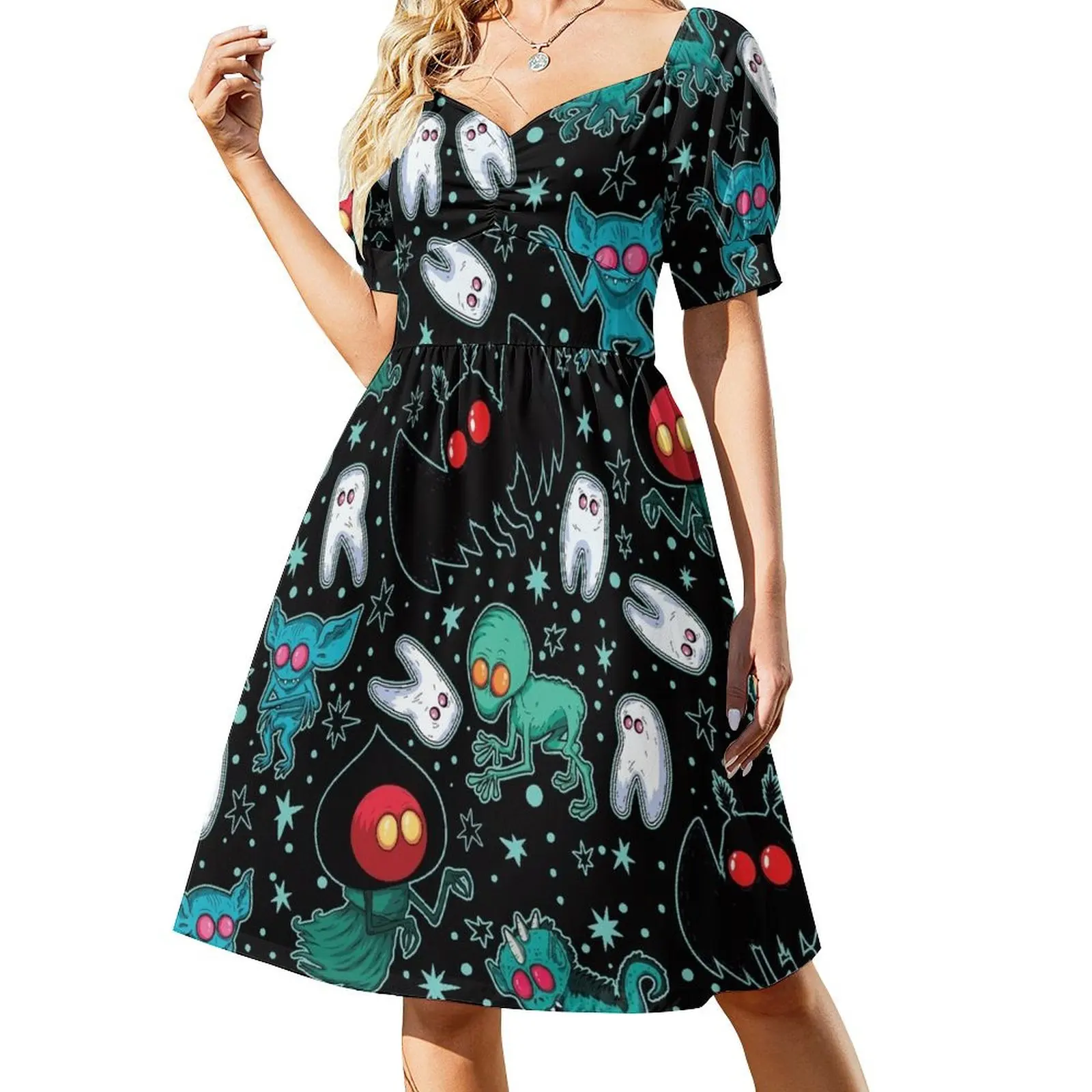 thumbnail image 1 of Vestido negro de manga corta Cryptid Aliens Night Ropa de mujer Vestidos de mujer Vestidos elegantes y chic para mujer, 1 of 7