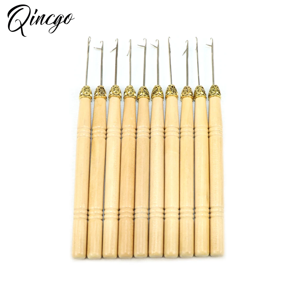 10 Pcs Wooden Handle Hook Needle Micro Rings Loop Threader Pulling Needle  Tools For Micro Braids Hair Extension Weaving