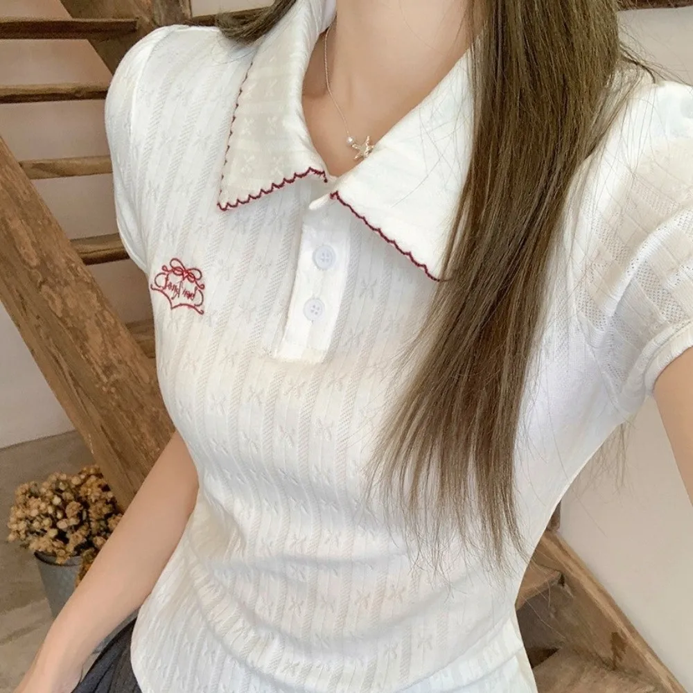 Cute Embroidery Korean T-Shirt Short White Knitwear Tops Streetwear V Neck Y2K Crop Top Girls