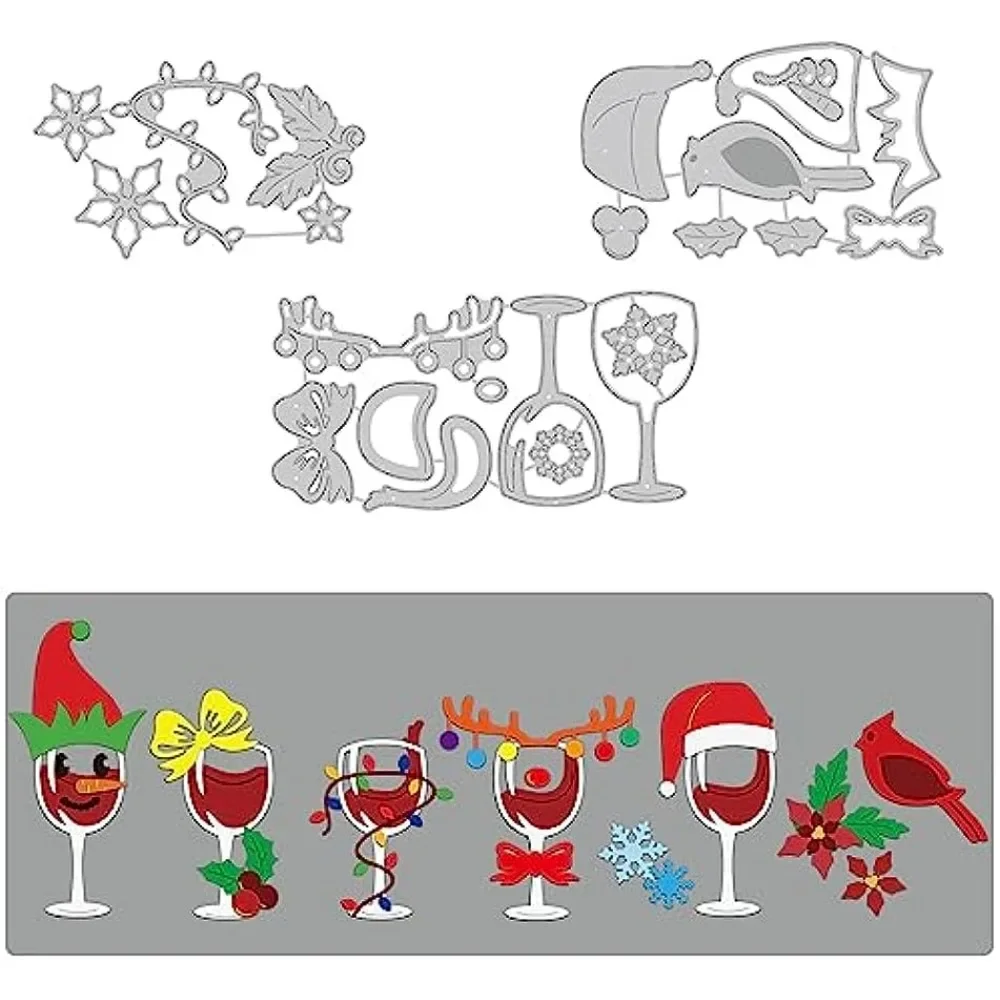 

3Pcs Christmas Cutting Dies Stencils Wine Glass Holly Leaf Bird Reindeer Carbon Steel Stencil for Card Making, Embossing DIY
