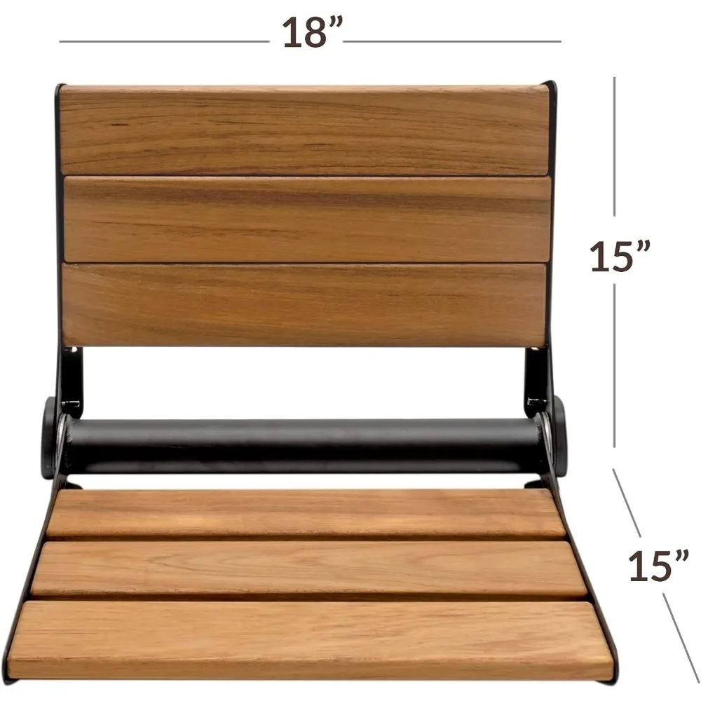 18" Wall-Mounted Folding Serena Teak Wood Shower Bench Seat with Matte Black Frame, Clear Coated for Extra Protection 5