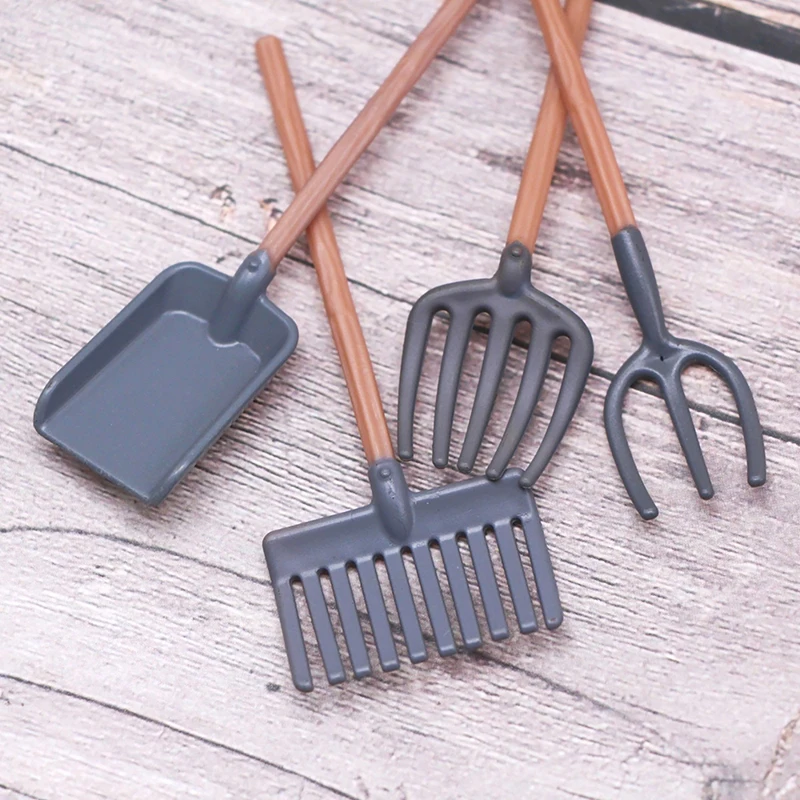 Mini Plastic Dollhouse Miniature Gardening Tool Shovel Rake Hoes Model Farm Decor Toy Doll House Accessories Kids Gift 4Pc