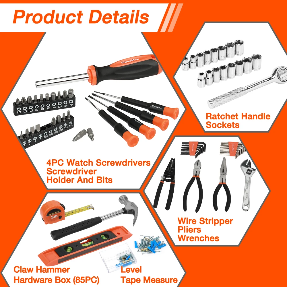 ValueMax 가정용 수리 도구 세트, 가정용 도구 키트, 스크루 드라이버 플라이어, 해머 유틸리티 나이프 박스, 8PC-150PC