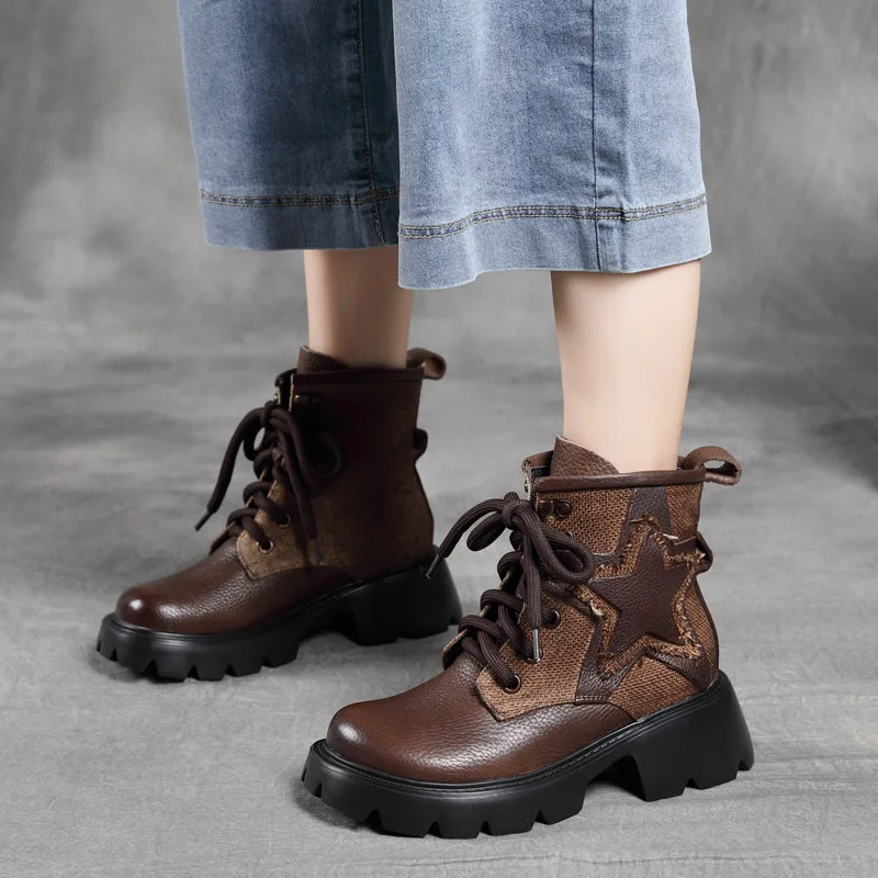 

Clearance Special Offer inside and outside Stitching Big Head Leather Casual Martin First Layer Cowhide Thick Heel Mid Heel