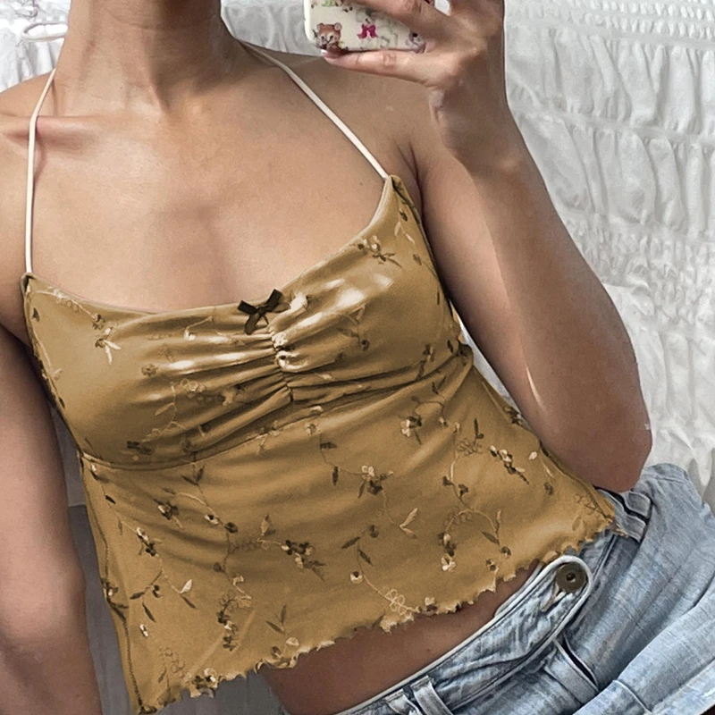 

00s Vintage Bow Floral Embroidery Camis Y2K Sleeveless Backless Tie Up Women Tank Top Off Shoulder Aesthetic Spaghetti Strap Top