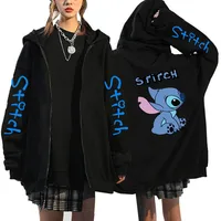 Oversized Sweater Women's Clothing Free Shipping Disney Lilo & Stitch Pattern Zip-Up Hoodies Autumn Winter Long Sleeve Warm Coat 1