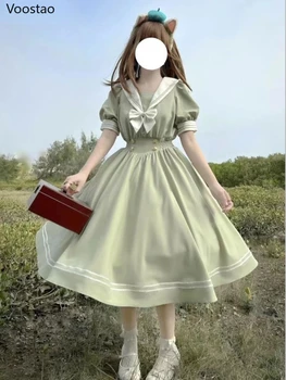 Japanese Soft Sister Cute Lolita Dress Women Sweet Puff Sleeve Slim Student Dresses Party Retro Girls Bow Salior Collar Vestidos 1