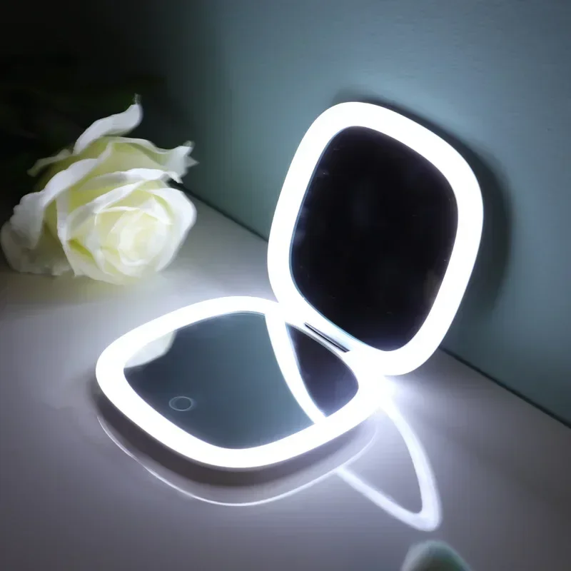USB Charge Mini Portable Folding Makeup Mirror Led Lights Magnifying Compact Pocket Travel Aesthetic Vanity Mirrors Make Up Tool