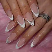 White French Press on Nails 3D Bowknot Fake Nails Tips Full Cover Wearable False Nails for Women and Girls DIY Manicure