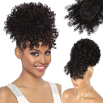 Coda di cavallo con coulisse con frangia estensioni coda di cavallo Afro Puff per le donne coda di cavallo corta riccia con frangia Clip in Wrap Updo Ha
