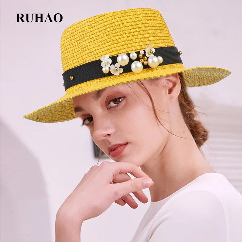 

New Spring Summer Hats for Women Flower Beads Wide Brimmed Jazz Panama Hat Visor Beach Hat Flower Pearl Rivet Straw Sun Hat