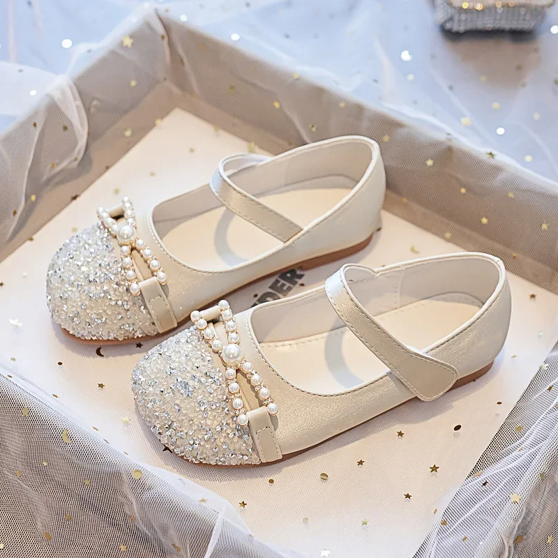 Leather Girls Party Flats Shoes with Rhinestone and Pearl