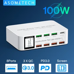 100W 8 Ports LCD Display Quick Charge 3.0 USB Charger Adapter HUB Type C PD Fast Phone Charger For iPhone Huawei Samsung Xiaomi