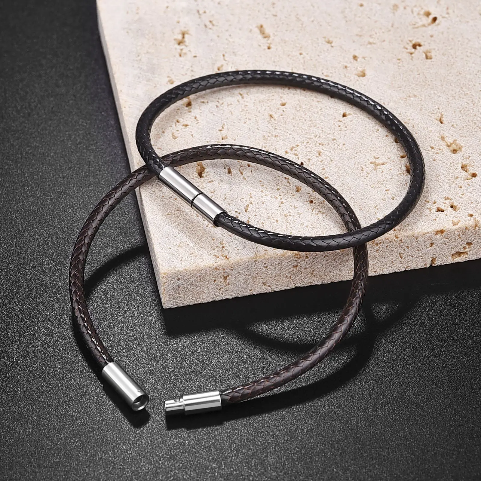 Elegant Black Brown Leather Bracelet Cord with Stainless Steel Clasp