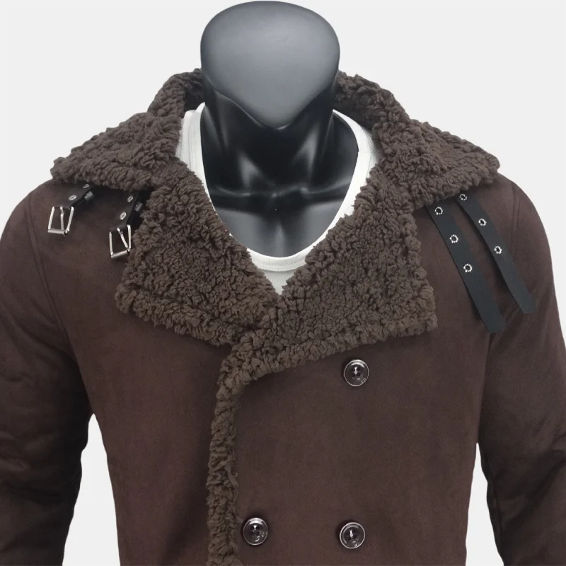 Winter Men's Long Trench Fleece Suede Faux Fur Double Breasted Coat Jacket S-5XL