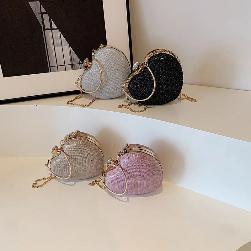 Cute Heart Handheld Bag Dinner Bag 2024 New Chain Fairy Bag Versatile Western Style One Shoulder Diagonal Cross Peach Heart Bag