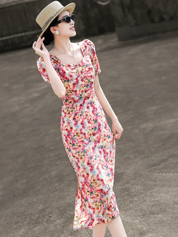 MEXCOCO 2026 New Summer French Elegant Square Neck Puff Short Sleeve Floral Printed Slim Mermaid Maxi Dress 1