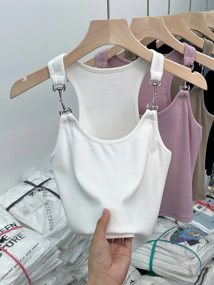 Women'S White Camisole Crop Top Vintage Y2K Fashion Streetwear Casual T-Shirts Female Sexy Sleeveless Off Shoulder Vest Summer