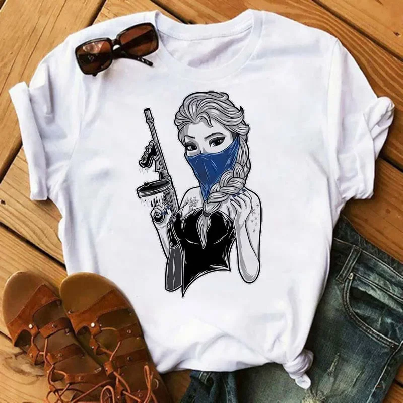 Nuevas camisetas de moda para mujer, camiseta con estampado de princesa Punk, ropa de manga corta, camiseta Kawaii de Disney, camisetas para mujer, ropa de calle