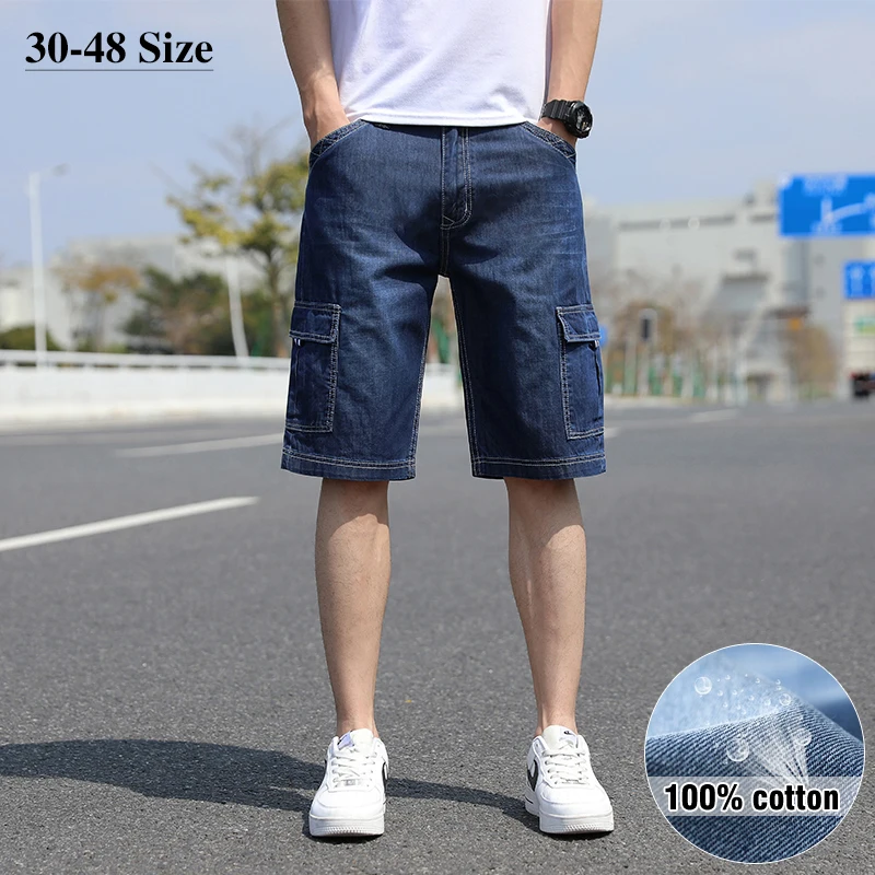

Summer Thin Men's Denim Shorts 100% Cotton Jeans Baggy Straight Big Pocket Casual Cargo Shorts All-match Plus Size 42 44 46 48